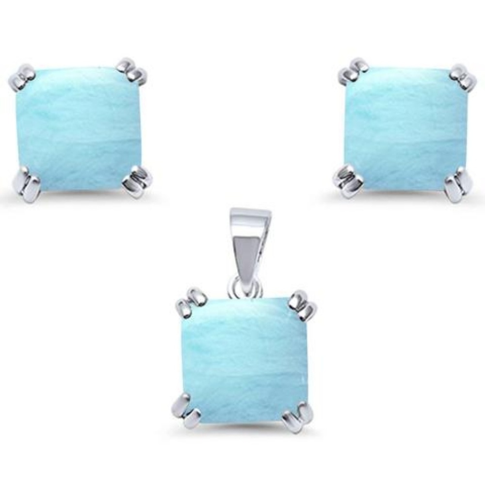 natural larimar cushion earrings and pendent set